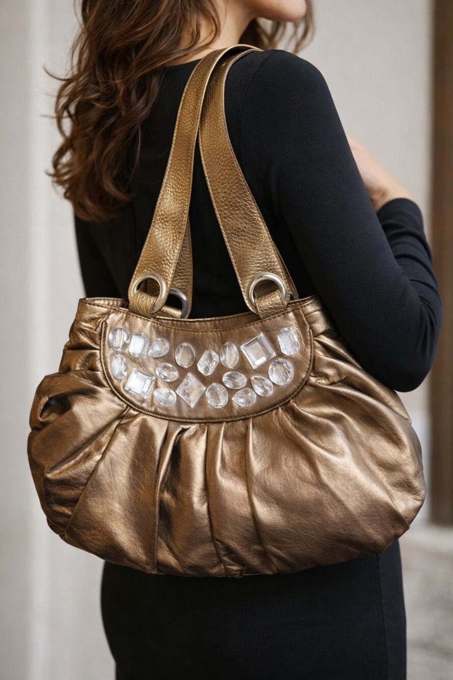 Vintage Shiny Bejeweled Metallic Bronze Purse Handbag 10" X 16" Pleated Diva
